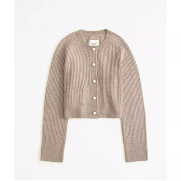 Abercrombie tan khaki brown white gold pearl button cardigan size L - Picture 2 of 6
